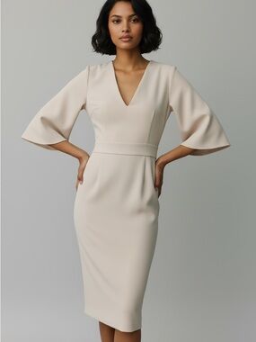 Vitagrad Elegant Cream V-Neck Midi Dress with Flared Sleeves